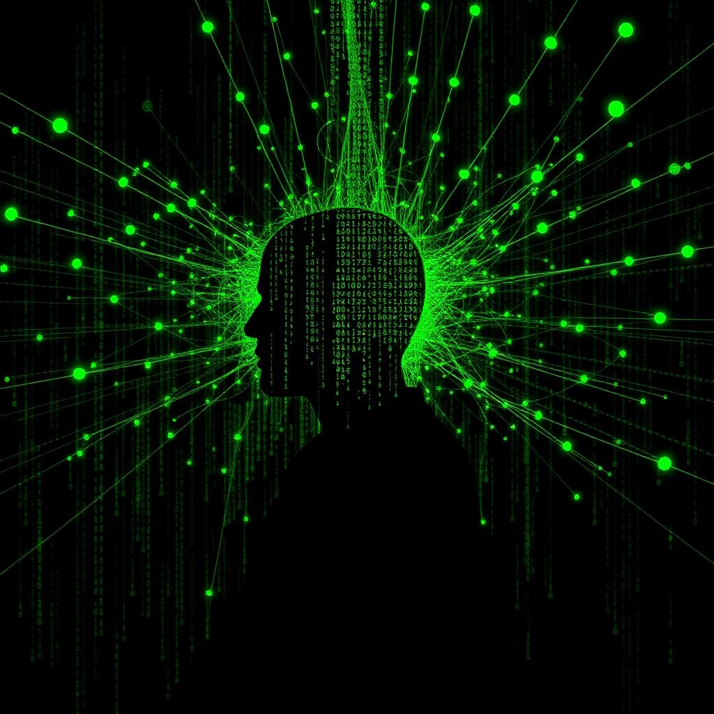 A human silhouette dissolving into data streams